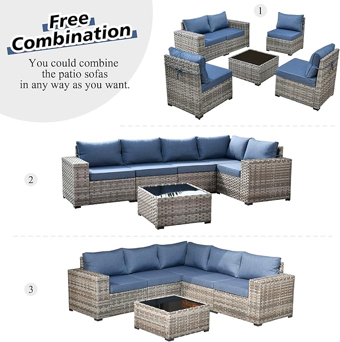 HOOOWOOO Modular Patio Outdoor Sectional Furniture Set,6 Piece Wicker Conversation Sofa Set,Out Door Couch Set with Wide Arm for Outside All Weather(Denim Blue)