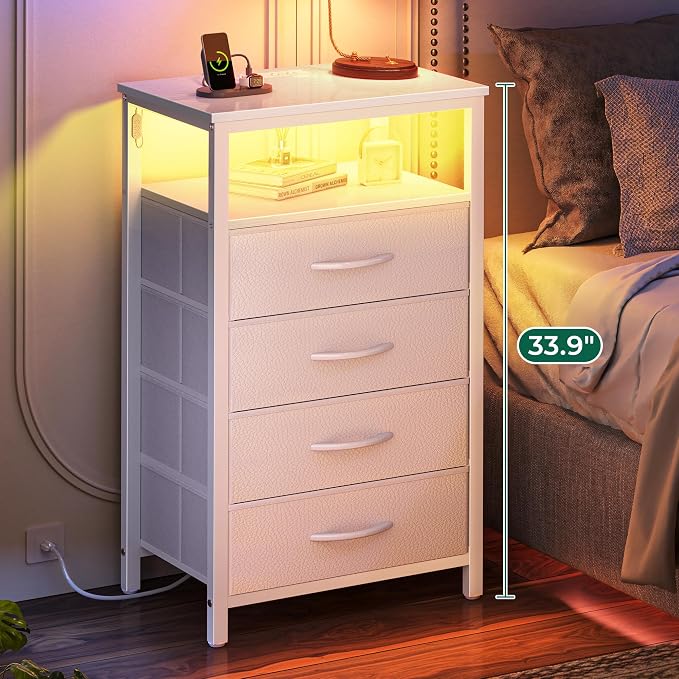 Huuger Night Stand with Charger Station and LED Lights, 4 Drawer Nightstand, Bed Side Table with Open Shelf, End Table, Fabric Dresser for Bedroom, PU Leather, White - Image 4
