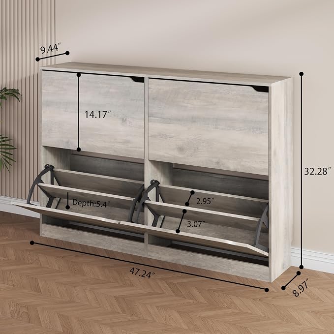 Shoe Storage Cabinet, Wood Shoe Organizer for Entryway with 4 Flip Drawers, Freestanding Shoe Rack with Adjustable Shelf, Narrow Shoe Dresser for Front Door Entrance(Grey, 47.24" x 32.28" x 9.44") - Image 2