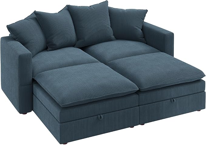 HONBAY Modular Sectional Sleeper Sofa, Corduroy 4 Seater Couch with Storage, Sectional Sleeper Couches for Living Room, Blue