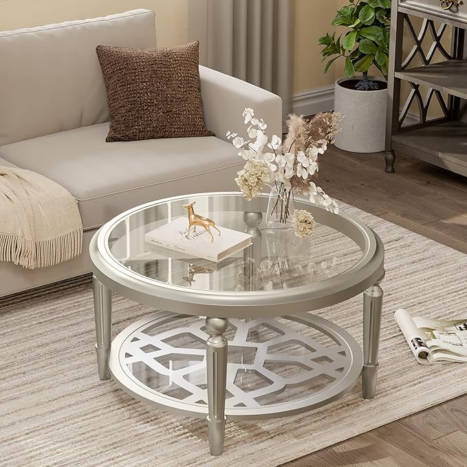 COSIEST 32" Round Glass Coffee Table with Storage, 2-Tier Modern Champagne Center Table for Living Room, Elegant Clear Glass Top Accent Table with Pine Wood Frame, Simple Home Office Furniture