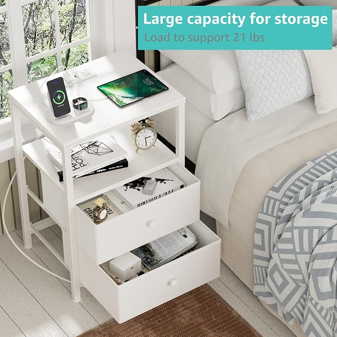 BOLUO White Nightstands Set of 2, Bedroom Night Stand Set Two Nightstand with Charging Station and LED Light, Bedside Table with 2 Fabric Drawers Modern - Image 6