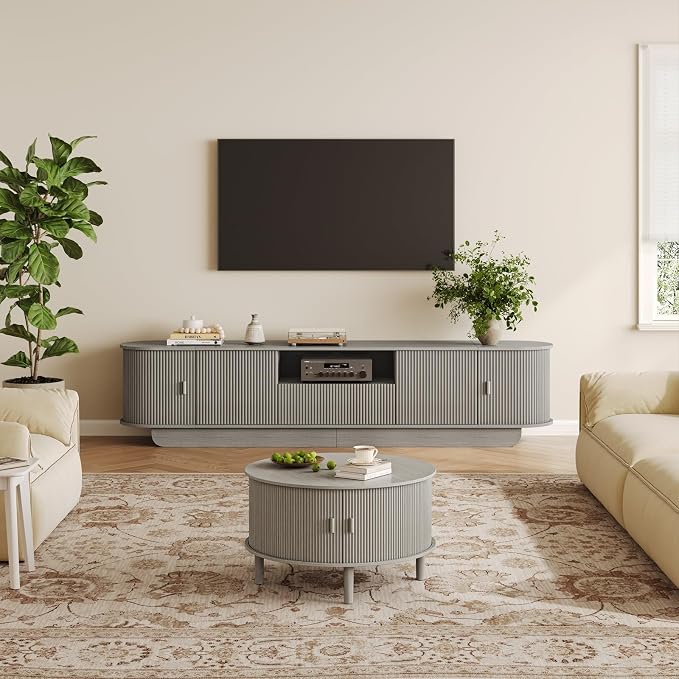 Coffee Table and TV Stand Set of 2, Round Center Table with Storage, Fluted Coffee Table with 360° Sliding Doors, 86.6" Entertainment Center for Bedroom, Living Room, Grey by ukaocai