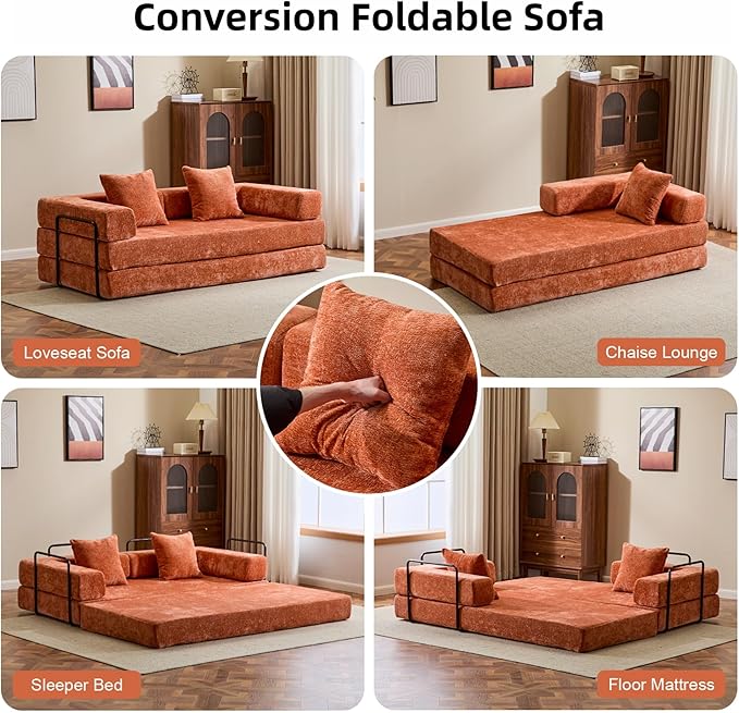 Convertible Floor Sofa Bed, Fold Out Floor Couch with Pillow Back & Armrest, Compressed Couch with Fixed-Shape Frame, Chenille Foldable Sleeper Sofa Bed for Living Room Bedroom, Orange