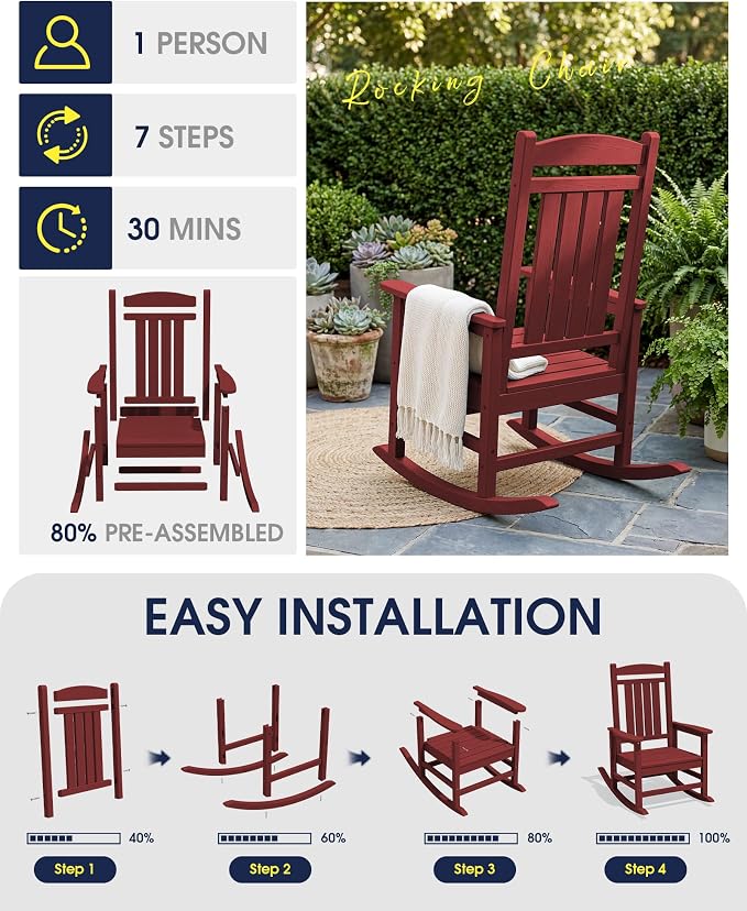 KINGYES Oversized HDPE Outdoor Rocking Chair Set of 4, All-Weather Poly Patio Rocking Chairs with 330lbs Support for Adults, Dark Red - Image 8
