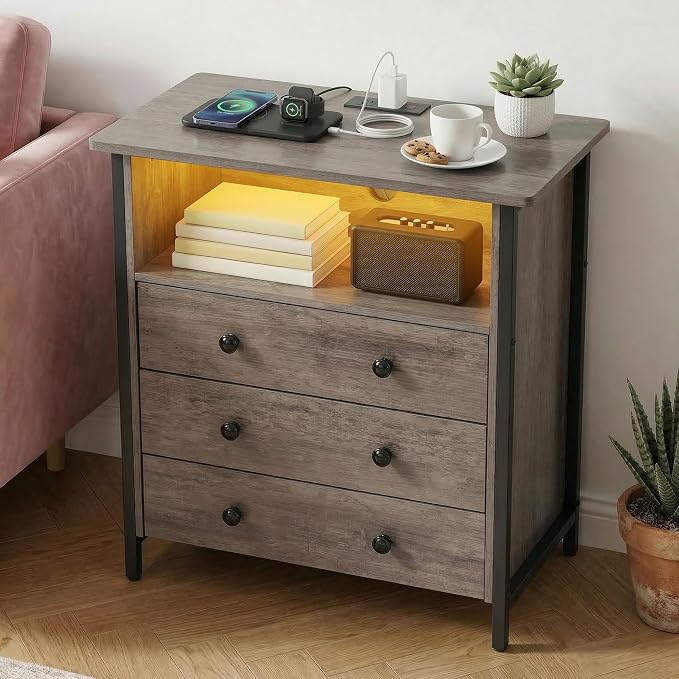 27 Inch Wide Nightstand with Charging Station, Large Nightstand with 3 Wood Drawers & LED Lights, Big Bedside Table with Open Shelf for Bedroom, Guest Room, Office, Gray. - Image 8