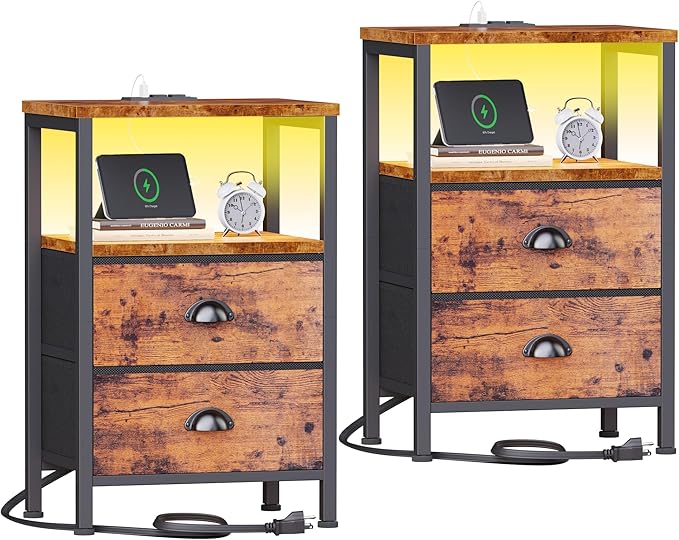 Furologee Nightstands Set of 2 Charging Station, End Tables with LED Lights, Nightstands with 2 Fabric Drawers and Shelves, Bedside Tables for Living Room/Bedroom,Rustic Brown by Furologee