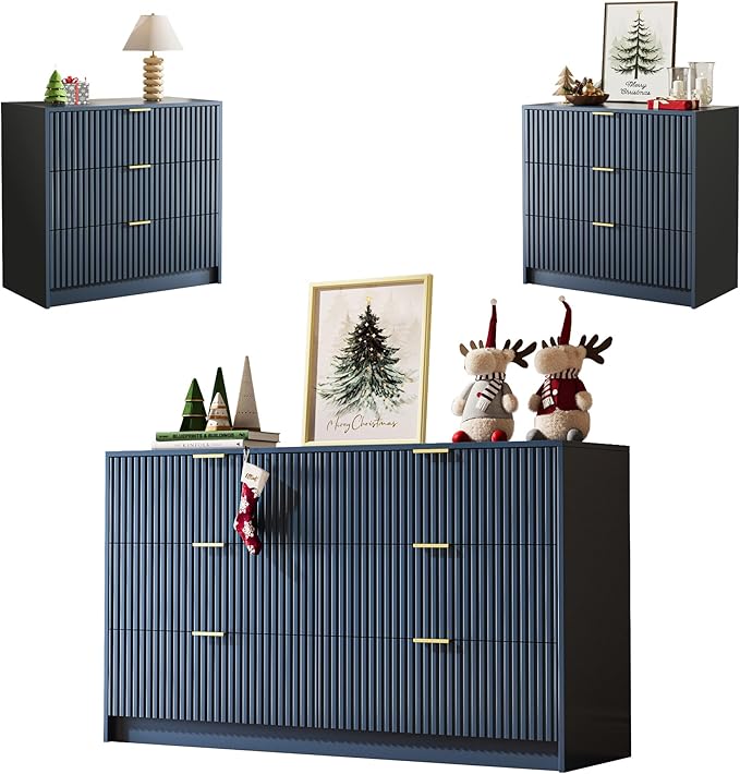 MAISONARIA 3-Piece Dresser Bedroom Set, 6 Drawer Dresser & 3 Drawer Nightstands with Gold Handles, Fluted Wood Chest of Drawers for Bedroom, Living Room, Entryway, Navy Blue