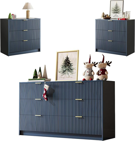 MAISONARIA 3-Piece Dresser Bedroom Set, 6 Drawer Dresser & 3 Drawer Nightstands with Gold Handles, Fluted Wood Chest of Drawers for Bedroom, Living Room, Entryway, Navy Blue