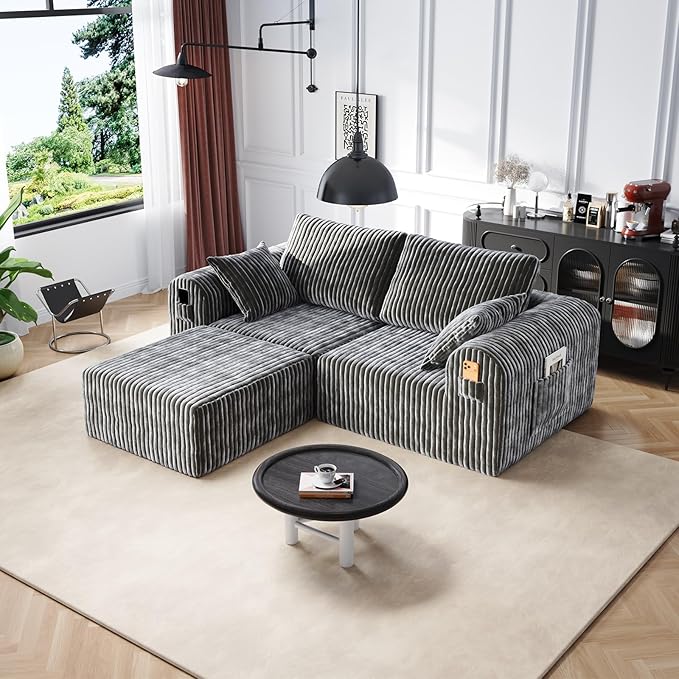 106" Boneless Couches for Living Room, Modular Sectional Sofa, L-Shape Sofa Couches,Cloud Couch Sectional, Comfy Corduroy Sofa, with Deep Seat, No Assembly Required (Gray, 2 Seater + 1 Ottoman)