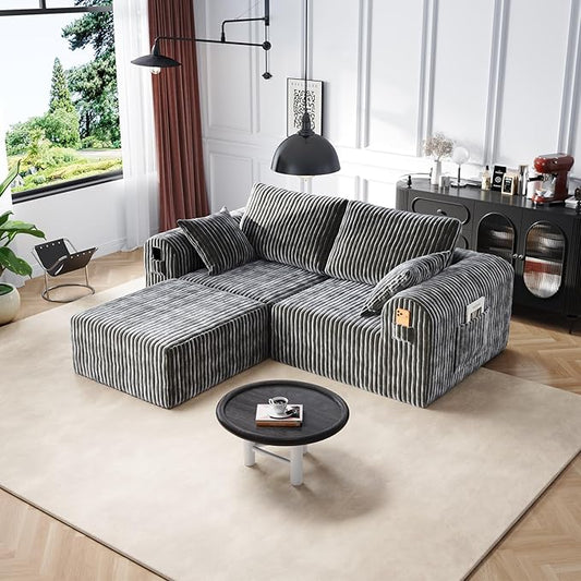 106" Boneless Couches for Living Room, Modular Sectional Sofa, L-Shape Sofa Couches,Cloud Couch Sectional, Comfy Corduroy Sofa, with Deep Seat, No Assembly Required (Gray, 2 Seater + 1 Ottoman)