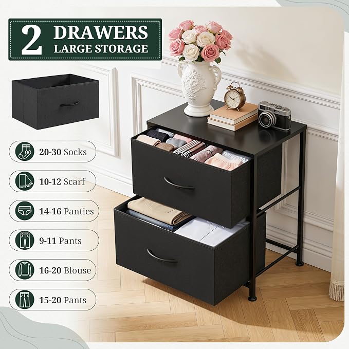 Nightstand Upgraded, Small 2 Drawer Dresser End Table Bedside Furniture, Wooden Top Fabric Bins for Bedroom, Closet, Entryway, Dorm, 11.8" D x 18" W x 20", Charcoal Black - Image 5