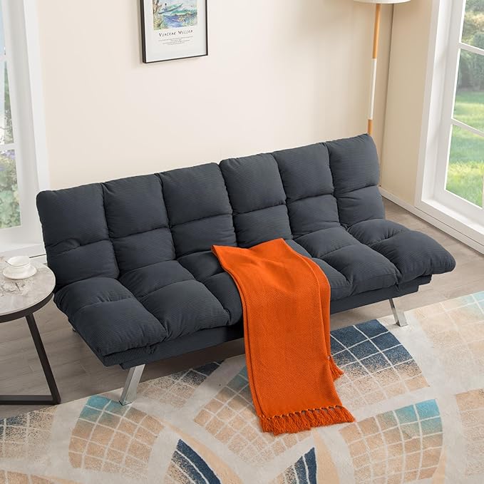 Convertible Futon Sofa Bed, Corduroy Small Futon Couch with Adjustable Armrest & Backrest, Loveseat Sofa Bed for Living Room, Bedroom, Deep Gray