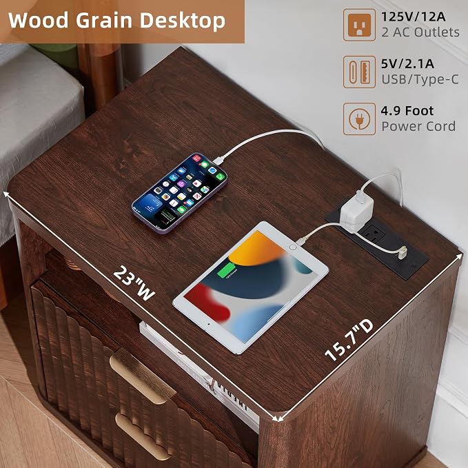 LEYAOYAO 23" Wide Fluted Night Stand with Charging Station, 2 Drawers Large End Table with Storage, Walnut Nightstand Wood Bedside Tables, Farmhouse Cabinet Dresser for Bedroom, Closet - Image 6