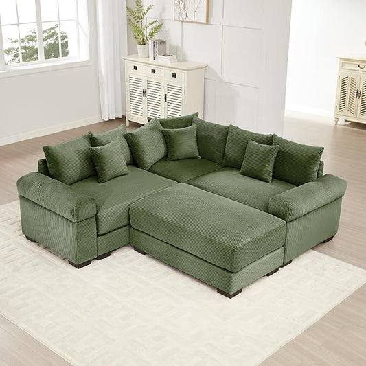KEIKI 79" L-Shaped Oversized Corduroy Modular Cloud Sectional Sofa with 1 Ottoman, High-Density Foam Cushion, Extra-Thick Armrest, 3-Seater Fluffy Corner Couch with 10 Pillow, for Living Room, Green