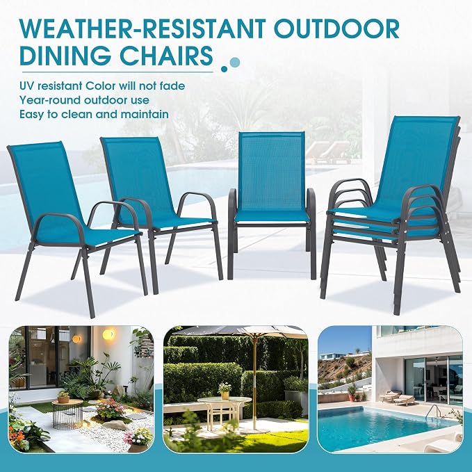 Outdoor Stackable Chairs Set of 6, Stacking Patio Chairs with Textilene Fabric, Outside Furniture for Garden Backyard Balconie Poolside Deck, Blue - Image 7