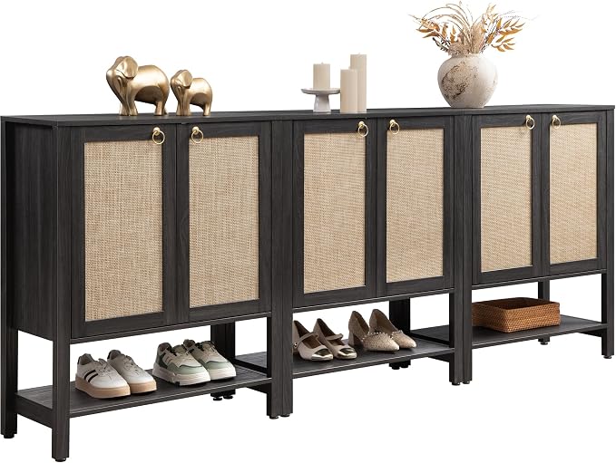 SICOTAS Shoe Cabinet with Storage - 3 Pieces Farmhouse Boho Shoe Organizer with Rattan Doors & Shelves, 5 Tier Free Standing Shoe Rack Storage Cabinet for Entryway, Hallway, Foyer, Closet (Obsidian) by SICOTAS
