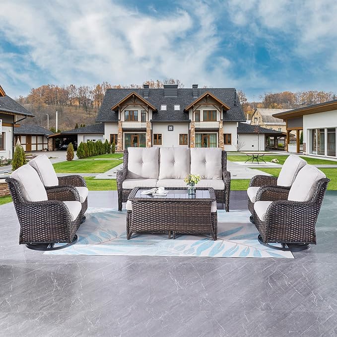 Rilyson Wicker Patio Furniture Set - 8 Piece Rattan Outdoor Sectional Conversation Sets with 4 Swivel Rocking Chairs,2 Ottomans,1 Sofa and 1 Coffee Table for Porch Deck Garden(Brown/Beige)