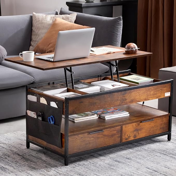 VEVOR Lift Top Coffee Table, 39.4 in Rectangle Coffee Table with Extra Storage Pockets, Pop Up Coffee Table with Power Strip & USB & Ambient Lighting for Living Room, Brown