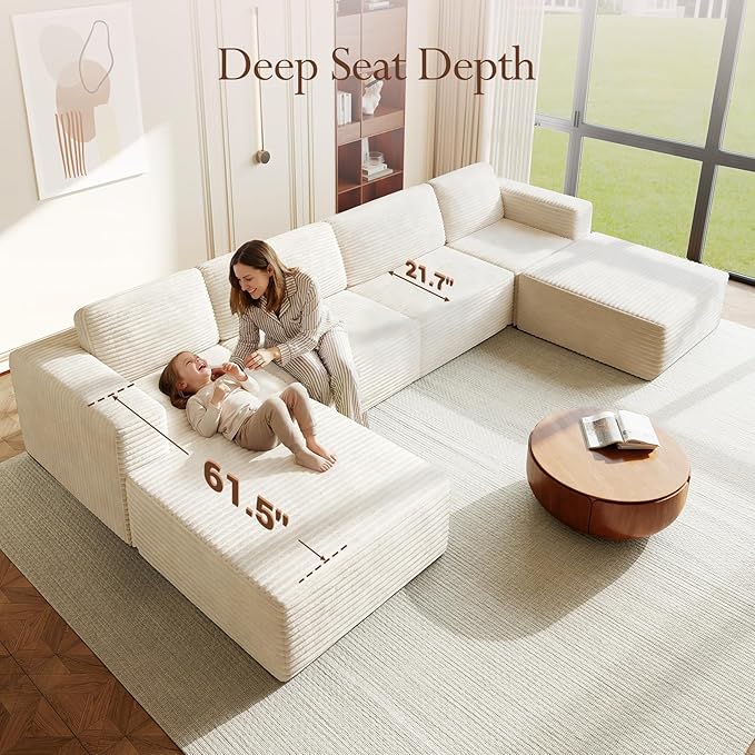 Vesgantti 159" Large Modular Sectional Sofa, U-Shaped Corduroy Cloud Couch with Deep Seats & Spring Support, 4-Seater Boneless Sofa with 2 Movable Ottomans, No Assembly Needed, Beige