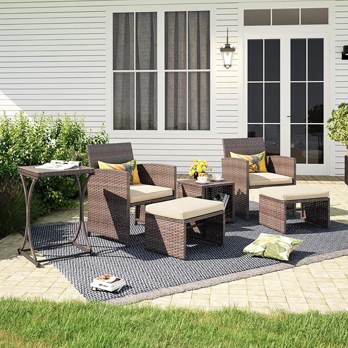 OC Orange-Casual 6 Piece Patio Wicker Furniture Set, Balcony All Weather Rattan Chair, with Space Saving Ottoman, Resin Nesting Coffee Table, Modern Design, Beige