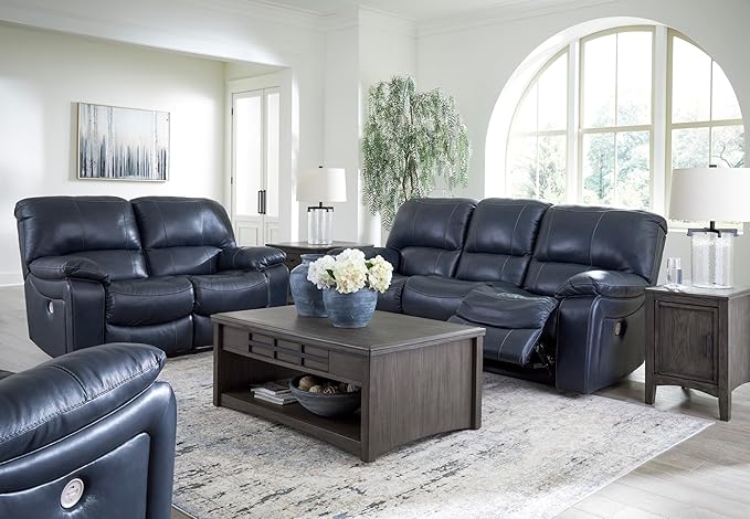 Signature Design By Ashley Leesworth Modern Power Rocker Recliner, USB Port, Gentle Rocking, Top Grain Leather and Matched Leather, 41" W x 41" D x 41" H, Blue