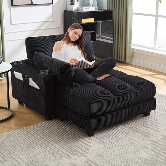 Oversized Lounge Chaise Convertible Sleeper Sofabed, Corduroy Sleeper Daybed Indoor Recliner Chair Sofa Bed with Cupholders and Adjustable Headrests for Living Room Bedroom Reading Home Apartment