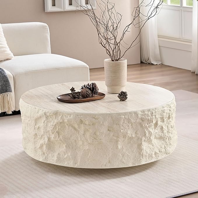 Round Coffee Table for Living Room Circle Coffee Table Modern Drum Center Table for Apartment, No Need Assembly (Fiberglass 35.43'' Cement Stone Pattern) | for Living Room, Modern, for Apartment, No Need Assembly