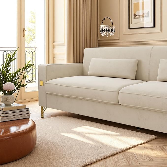 KEIKI 86" Oversized Luxury Velvet Sofa with Armrest and Removable Plush Cushions, Modern Gold Accents 3-Seater Couch with Solid Legs, Easy Assembly, for Living Room, Bedroom, Apartment, Beige