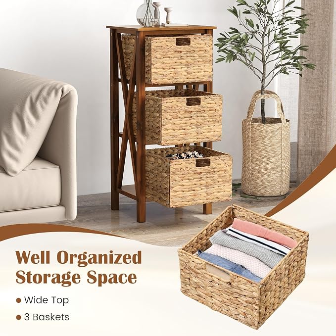Giantex 3-Tier Nightstand with 3 Wicker Baskets, Wooden X-Design Side Table End Table, Beside Table with Acacia Wood Legs, Mid Century Accent Storage Cabinet for Small Spaces, Bedroom, Walnut - Image 7