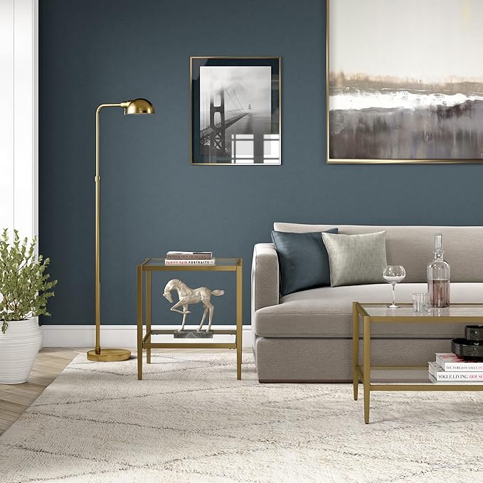 Henn&Hart 20" Wide Square Side Table with Glass Shelf in Antique Brass, Table for Living Room, Bedroom
