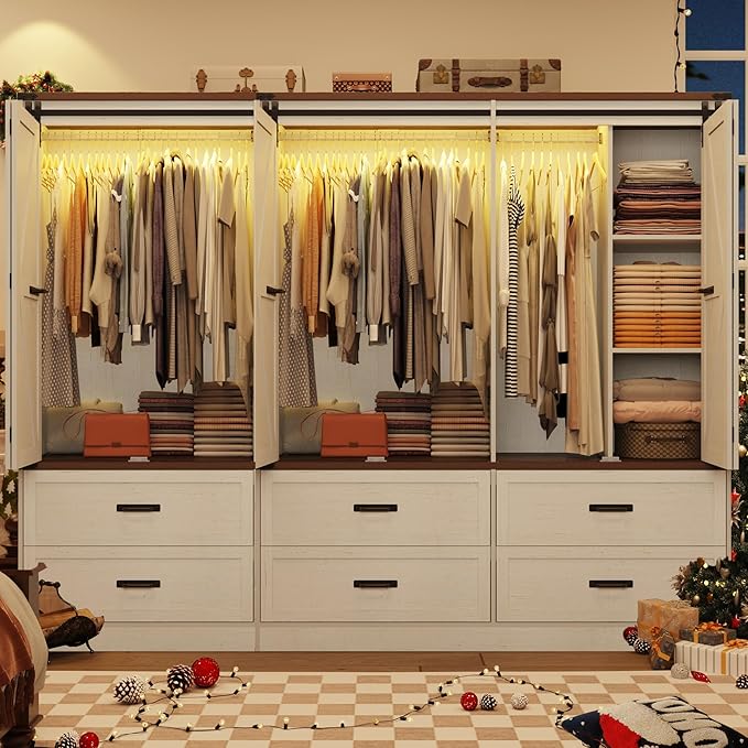 Farmhouse 6 Doors Armoire Wardrobe Closet w/Folding Sliding Barn Door and Lights, LED Armoire Closet w/ 6 Drawers for Bedroom, Freestanding Wooden Wardrobe Storage Closets w/Hanging Rod,Antique White