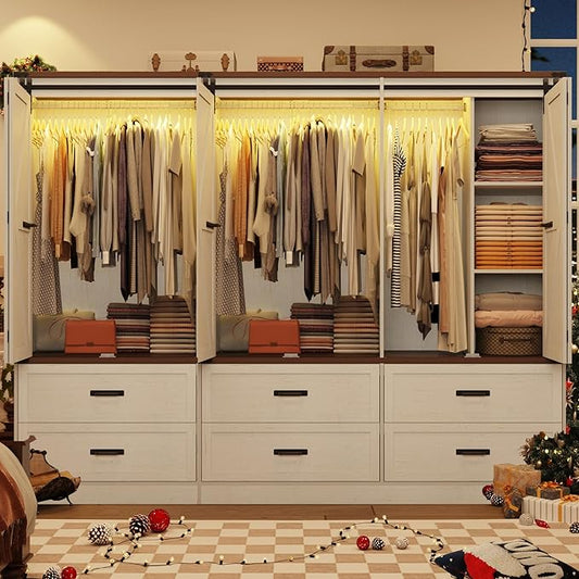 Farmhouse 6 Doors Armoire Wardrobe Closet w/Folding Sliding Barn Door and Lights, LED Armoire Closet w/ 6 Drawers for Bedroom, Freestanding Wooden Wardrobe Storage Closets w/Hanging Rod,Antique White