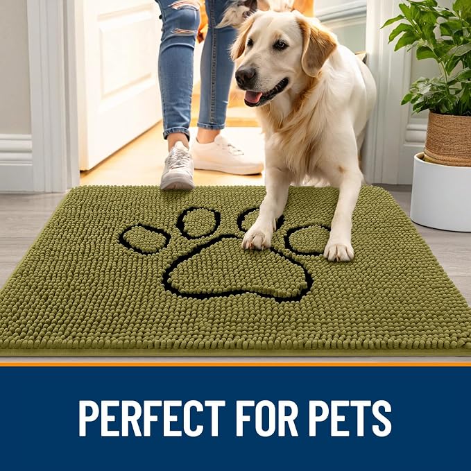 OLANLY Dog Door Mat for Muddy Paws 30x20, Paw Print Design, Absorbs Moisture and Dirt, Non-Slip Washable Doormat, Quick Dry Chenille Mud Mat for Dogs, Entry Indoor Entryway Carpet, Willow Green - Image 6