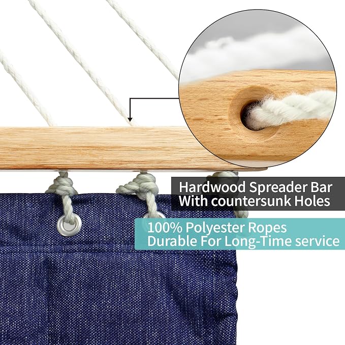 Double Quilted Fabric Hammock with Hardwood Spreader Bars and Pillow 450 LBS Capacity 2 Person Large Hammock for Outdoor Patio Backyard Poolside - Dark Blue - Image 7