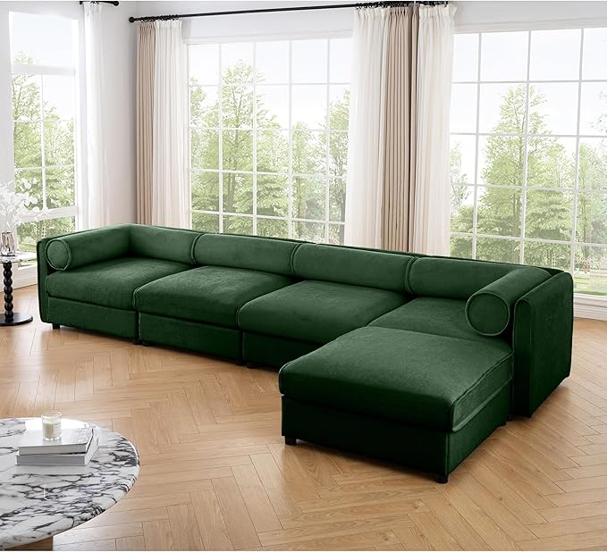 KEIKI 143" L-Shaped Modular Chenille Sectional Sofa with Storage Seat, 1 Ottoman, 4-Seater Couch with Cylindrical Backrest and Armrests, Easy Assembly, for Apartment, Living Room, Green