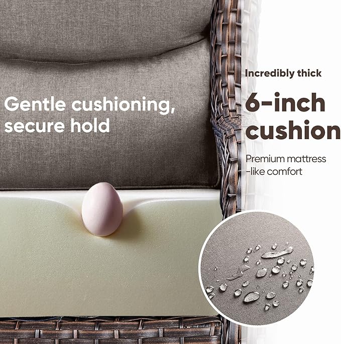 Swivel Patio Chairs sofa Set of 6 - 6" Thick Cushion - Wicker Outdoor Swivel Rocker Patio Chair ,Sofa/Glass coffee table, High Back Comfortable Outdoor Glider Chairs - Brown Wicker Grey Cushions