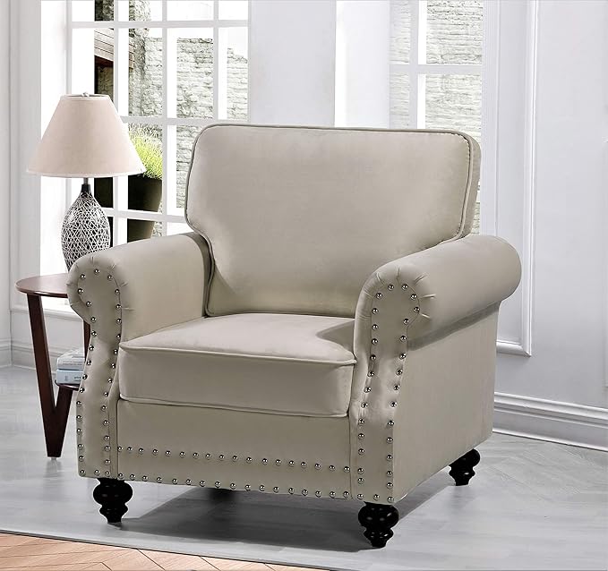 Lotus Mid Century Modern Velvet Upholstered Living Room Rolled Arms, Chair, Loveseat and Sofa, Ivory