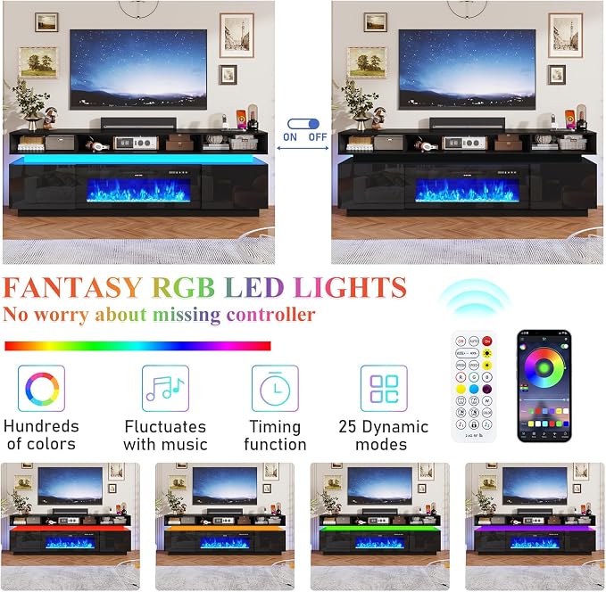 chartustriable Fireplace TV Stand for 95" TV, 83" LED Entertainment Center with 40" Fireplace & Power Outlets, High Gloss TV Stand, Gaming TV Media Console for Living Room, 83 Inch, Black - Image 5