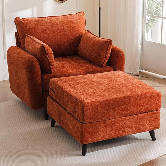 Rexulqo Oversized Accent Chair with Ottoman,All Seats Storage,Comfy Armchair,24.5'' Deep Seat,Upholstered Living Room Chairs,Reading Chair,Lounge Chair for Bedroom,Office,Chenille,Orange