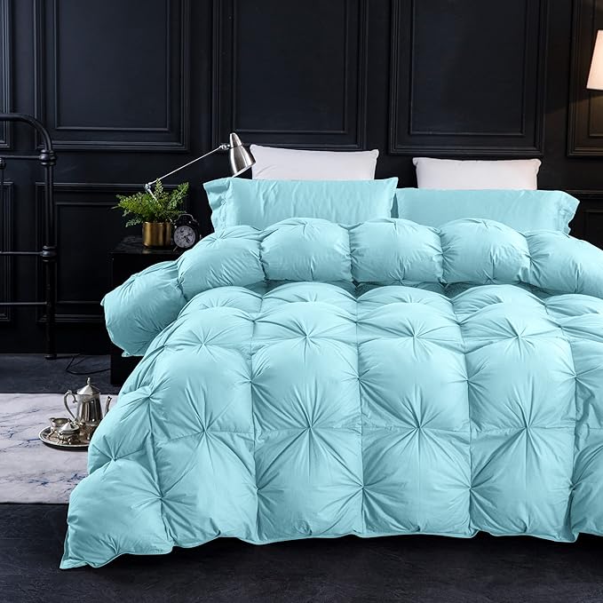 Three Geese Pinch Pleat Waterfowl Feathers and Down Comforter King Size Duvet Insert,750+ Fill Power,1200TC 100% Cotton, Premium All Seasons Aqua-Sky Warm Hotel Comforter with 8 Tabs.