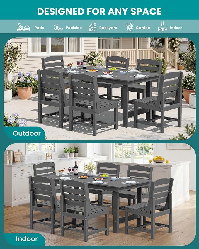 SERWALL Patio Dining Sets for 10 Person, HDPE Dining Set with 2 Tables, 8 Armless Chairs and 2 Armed Dining Chairs, Gray - Image 8
