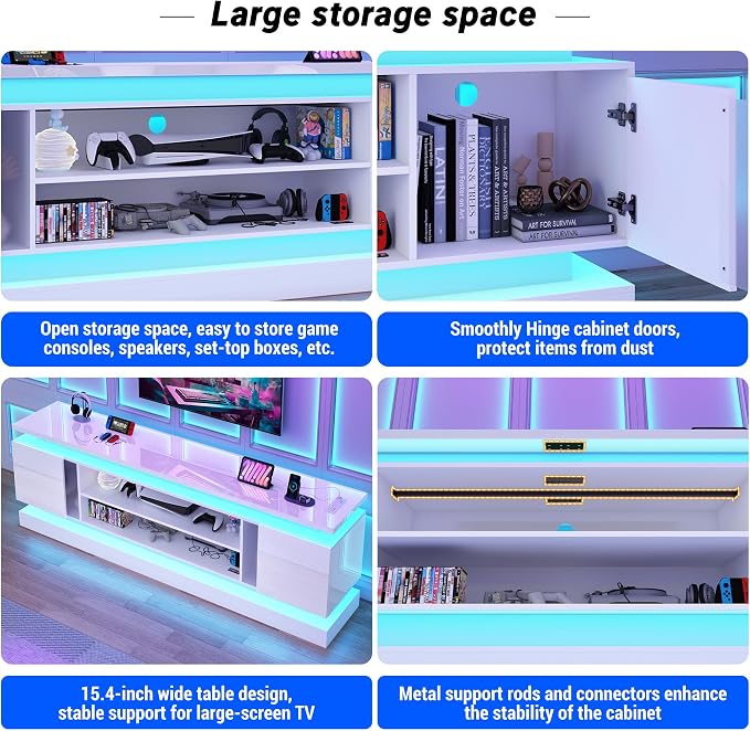 chartustriable 81IN LED TV Stands w/Power Outlet for 90/80/75 Inch TVs,High Glossy Modern Tall Entertainment Center TV Media Console Gaming with 2 Storage Cabinets,Dual LED Lights,White - Image 6