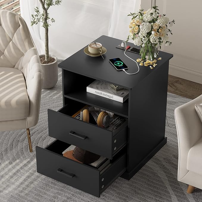 Hasuit Night Stand with Charging Station, Large Nightstand with Storage Drawers and Open Cubby, Black Bedside Side End Table for Home Office, Wider Tabletop 19.0'' x 15.0'' - Image 7