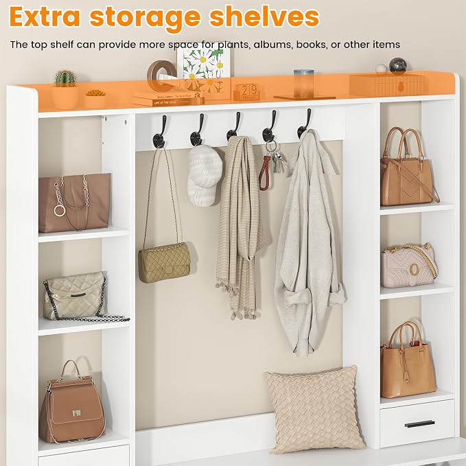 Semoic Farmhouse Hall Tree with 2 Independent Drawers,6-in-1 Entryway Bench with Coat Rack Adjustable Shoe Storage for Foyer/Hallway,White - Image 3
