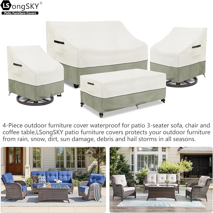 Patio Furniture Covers 4 Piece Set, 600D Heavy Duty Outdoor Furniture Covers Waterproof for Patio 3-Seater Sofa,Swivel Rocker Chair and Coffee Table Furniture Set,White&Grayish Green - Image 5