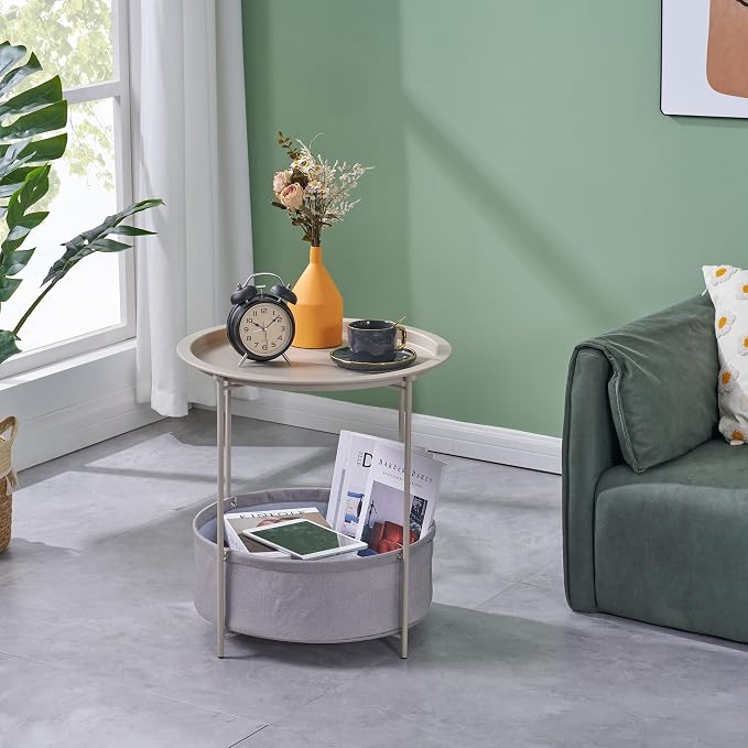 VECELO Round Side/End Table with Fabric Storage Basket，Metal Anti-Rust and Waterproof Small Bedside Nightstand with Removable Tray Top for Living Room，Balcony & Laundry，Grey /1pcs with Basket - Image 2