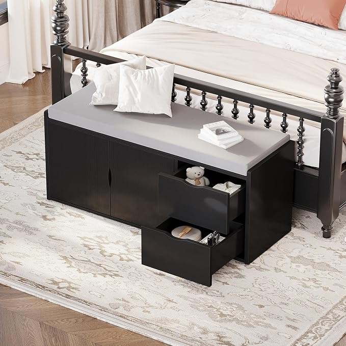 LVB 2-Tier Storage Bench with Padded Seat Cushion, Entryway Bench with 2 Drawers, Removable Barn Doors & Adjustable Shelf, Industrial Shoe Bench for Hallway, Bedroom, Living Room,Black Oak, 40 Inch - Image 7