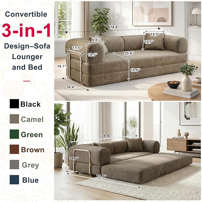 78 Inch Folding Convertible Sofa Bed, 4-in-1 Oversized Cloud Corduroy Upholstered Boneless Couch, Loveseat Sleeper with Pull Out Bed, Modular Futon Floor Sofa Couch for Living Room Bedroom Lounge