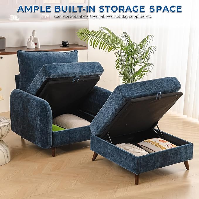 Rexulqo Oversized Accent Chair with Ottoman,All Seats Storage,Comfy Big Armchair,24.5'' Deep Seat,Upholstered Living Room Chairs,Reading Chair,Lounge Chair for Bedroom,Office,Chenille,Blue